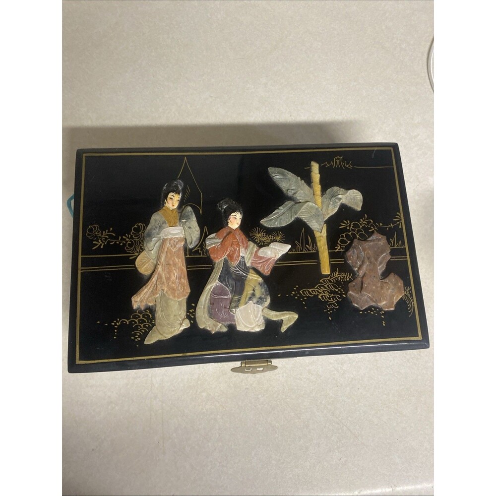 Vtg. CHINESE JEWELRY BOX CARVED STONE JADE BLACK LACQUERED
